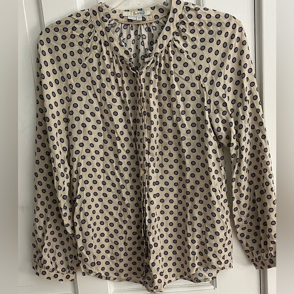 Boden Cream Purple Polkadot Button Down Blouse Shirt Viscose Size 2